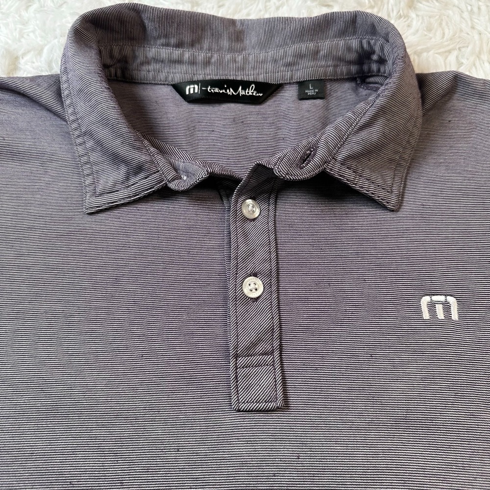 Travis Mathew Polo Shirt Men’s Large Purple Striped Short Sleeve Golf Casual